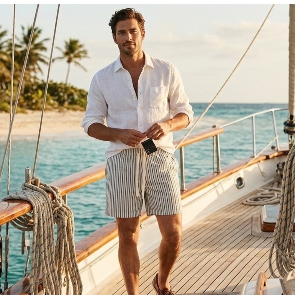 Banana Republic Mens 8 Inch Nautical Stripe Drawstring Shorts Navy White summer